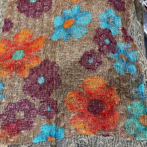 New Knit Scarf Poms Floral Burgundy Blue Tan Rectangle 19" X 68" - Picture 3 of 7